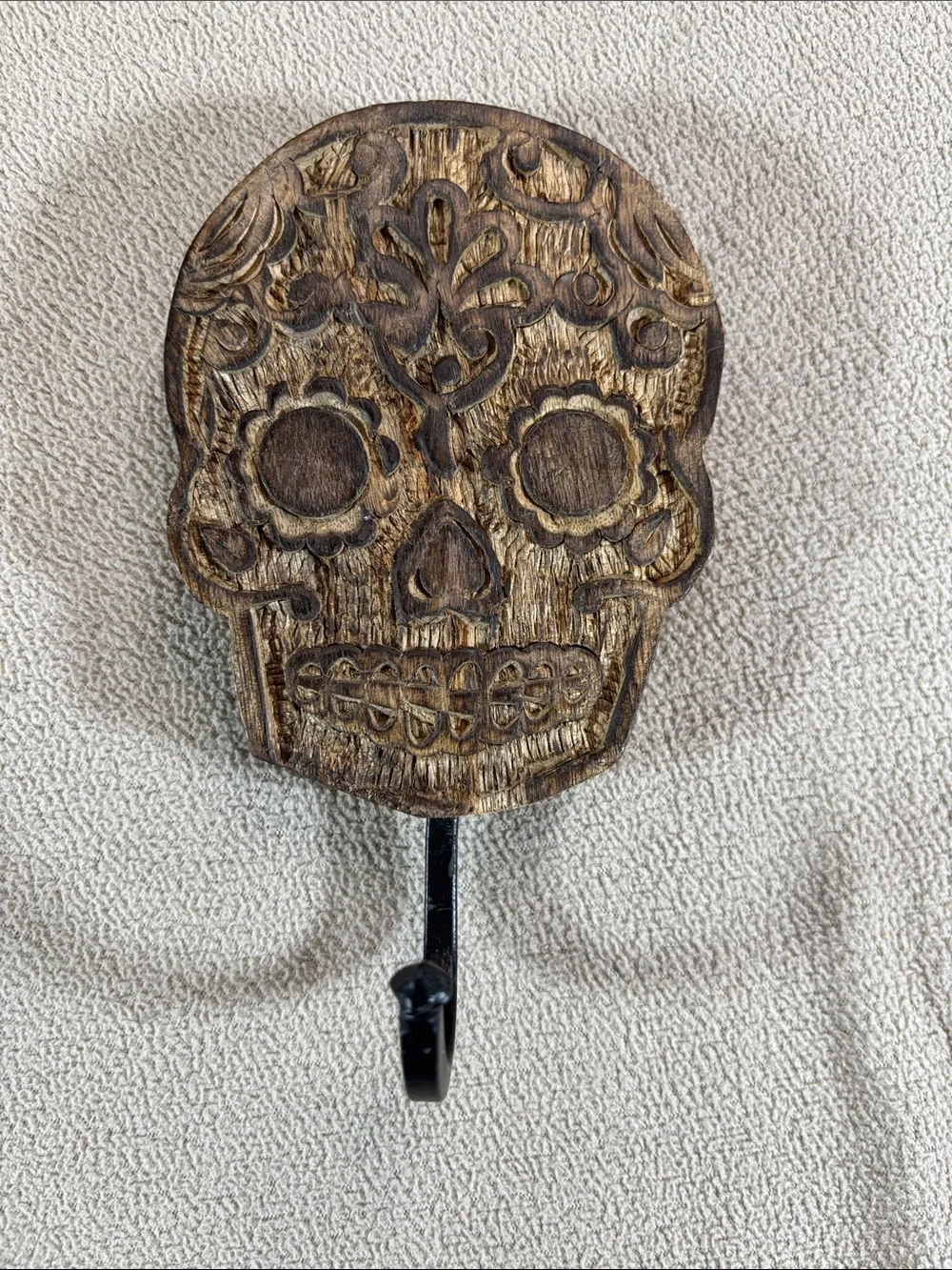 Carved Wood Sugar Skull Wall Hook 7” Day of the Dead Dia de los Muertos